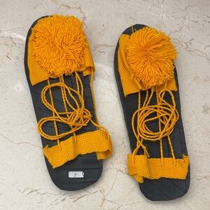 Handmade Yellow Pom Pom Lace-Up Sandals